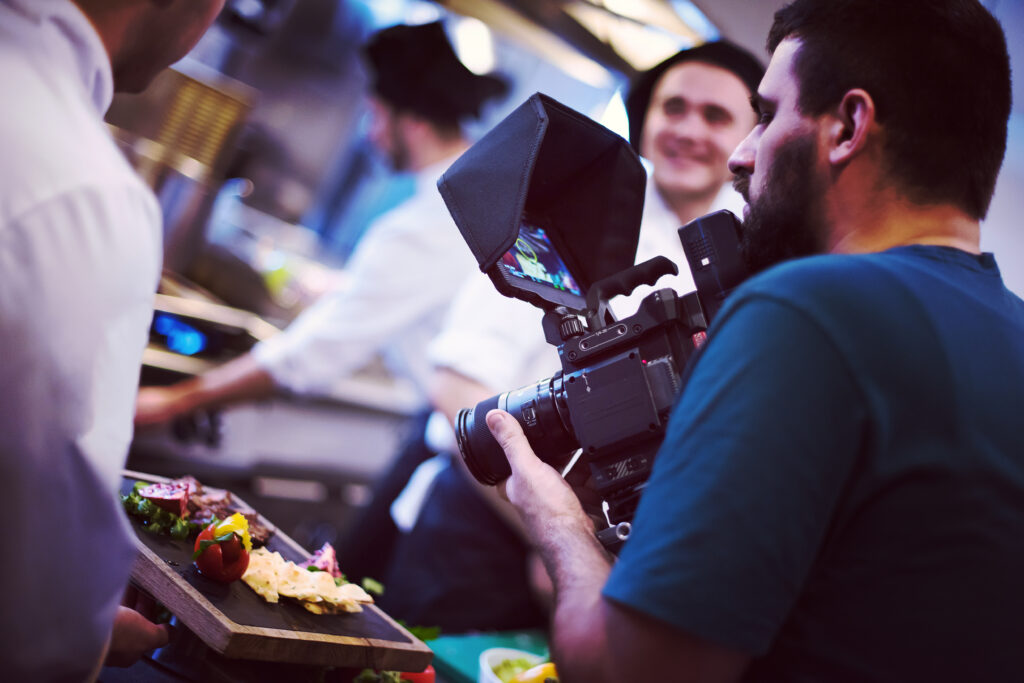 videographer recording while team cooks and chefs preparing meal